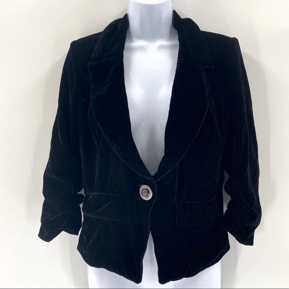 3/$30 XOXO Black Crushed Velvet One Button Blazer Sz L - Picture 2 of 9